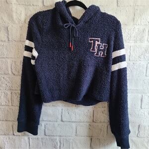 Tommy Hilfiger Navy Blue Fleece Varsity Collegiate Style Crop Hoodie SZ L